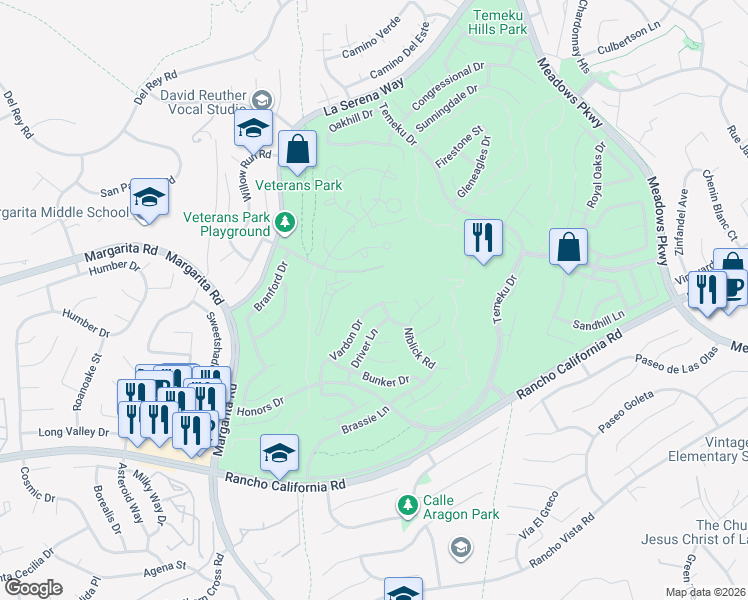 map of restaurants, bars, coffee shops, grocery stores, and more near 41799 Vardon Drive in Temecula