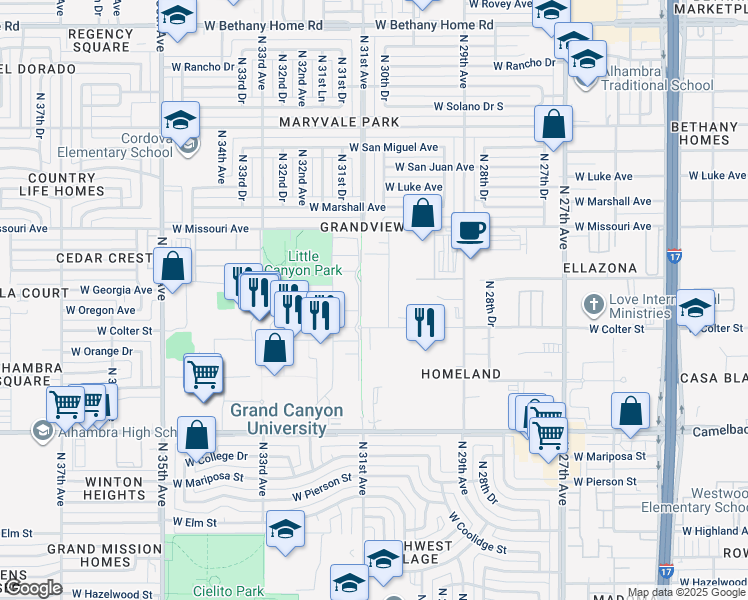 map of restaurants, bars, coffee shops, grocery stores, and more near in Phoenix