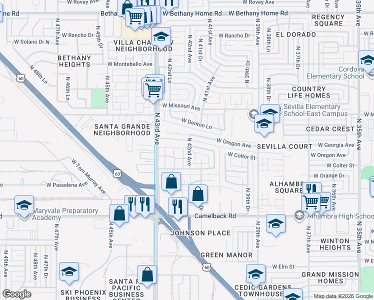 map of restaurants, bars, coffee shops, grocery stores, and more near 5257 North 42nd Lane in Phoenix