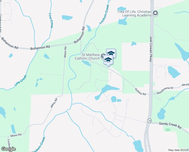 map of restaurants, bars, coffee shops, grocery stores, and more near 205 Calverton Lane in Tyrone
