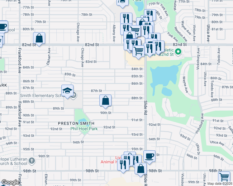 map of restaurants, bars, coffee shops, grocery stores, and more near 5234 87th Street in Lubbock
