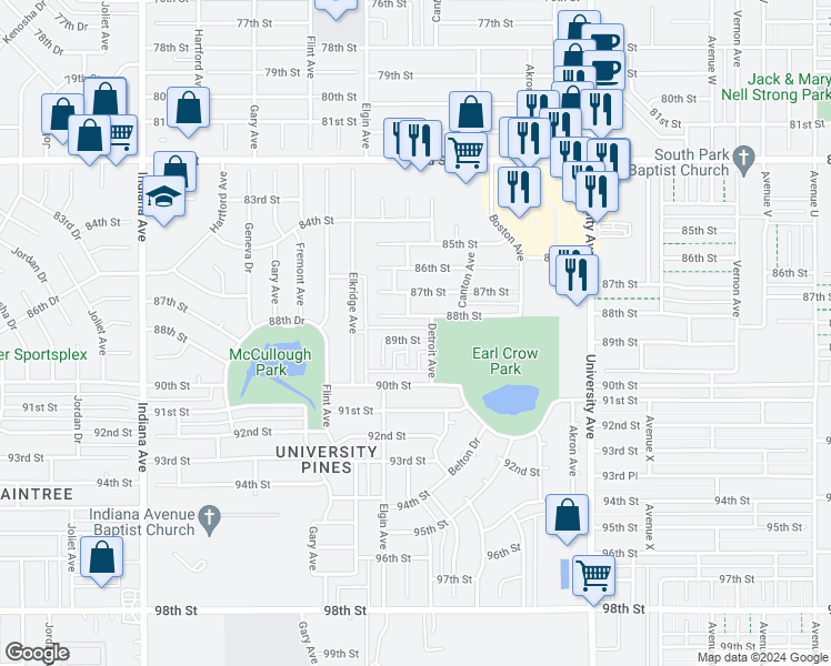 map of restaurants, bars, coffee shops, grocery stores, and more near 2906 89th Street in Lubbock