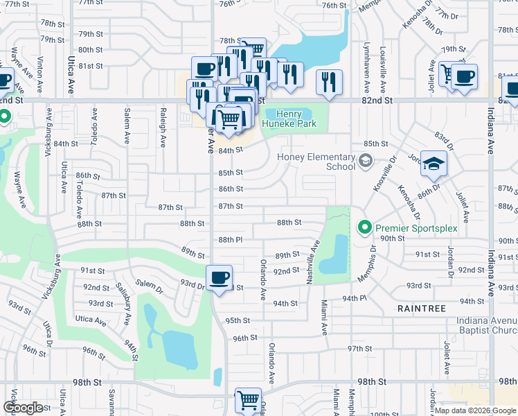 map of restaurants, bars, coffee shops, grocery stores, and more near 4204 87th Street in Lubbock