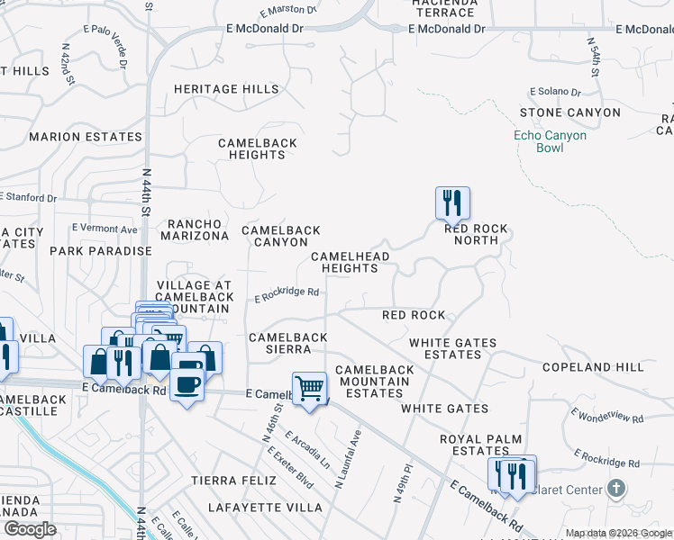 map of restaurants, bars, coffee shops, grocery stores, and more near 5255 North 47th Street in Phoenix