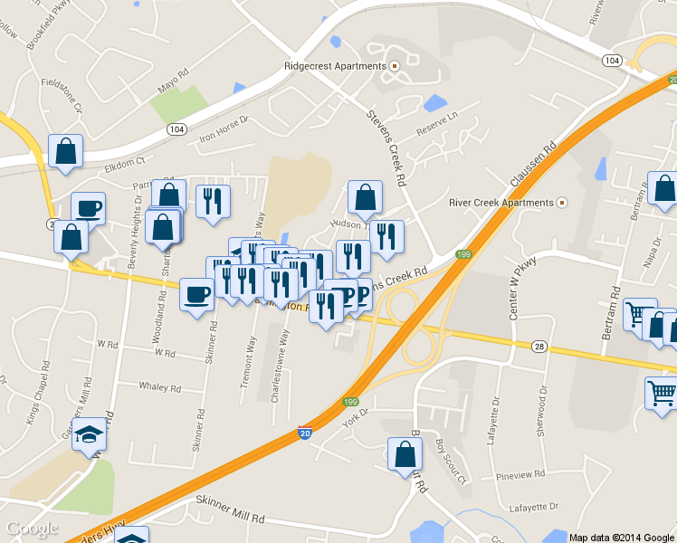 map of restaurants, bars, coffee shops, grocery stores, and more near 3023 Washington Road in Augusta