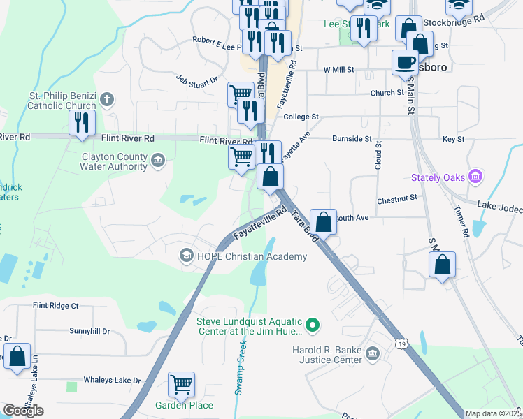 map of restaurants, bars, coffee shops, grocery stores, and more near Fayetteville Rd in Jonesboro