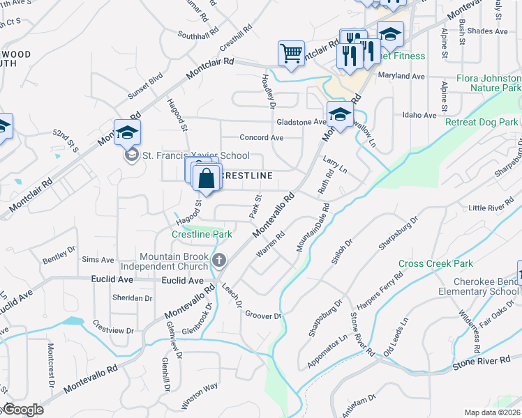 map of restaurants, bars, coffee shops, grocery stores, and more near 511 Park Street in Birmingham