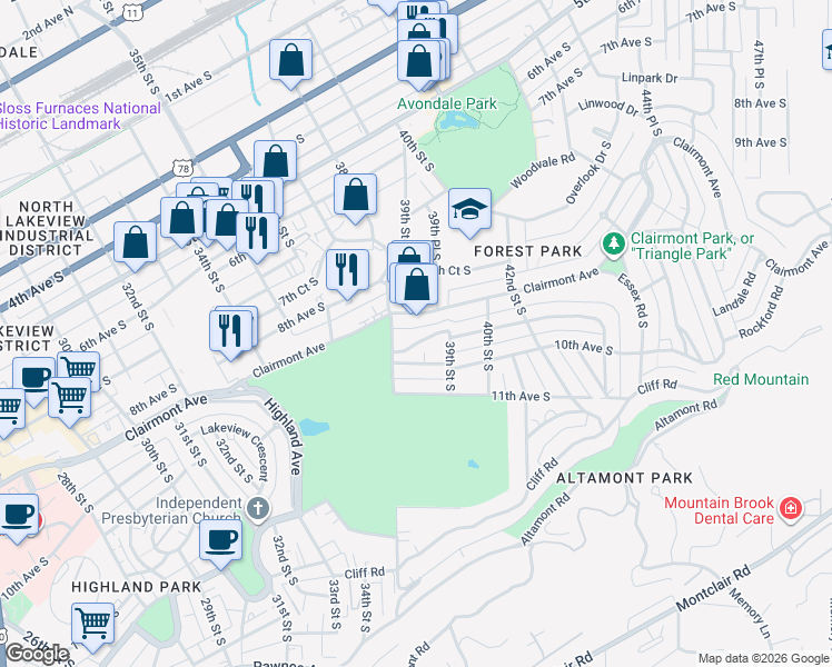 map of restaurants, bars, coffee shops, grocery stores, and more near 3815 Clairmont Avenue in Birmingham