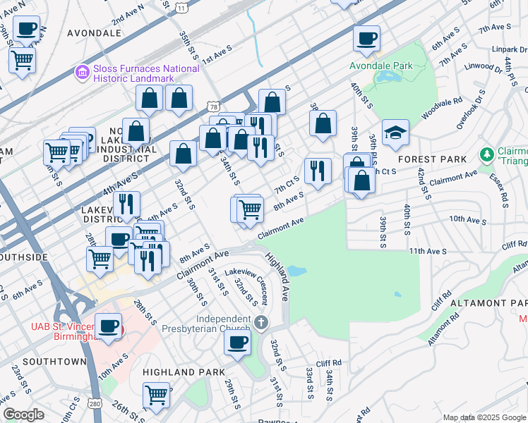map of restaurants, bars, coffee shops, grocery stores, and more near 3415 7th Court South in Birmingham