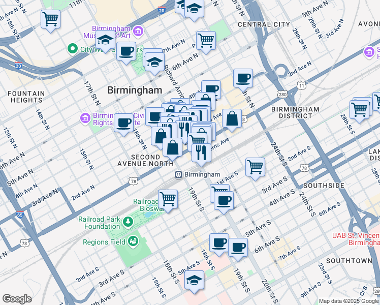 map of restaurants, bars, coffee shops, grocery stores, and more near in Birmingham