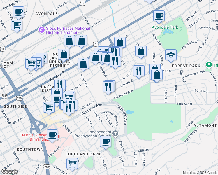 map of restaurants, bars, coffee shops, grocery stores, and more near 634 34th Street South in Birmingham