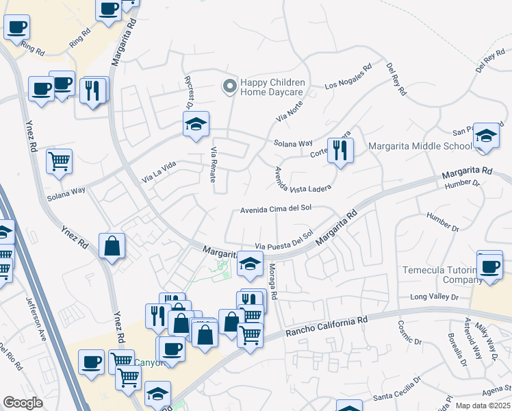 map of restaurants, bars, coffee shops, grocery stores, and more near 29828 Avenida Cima del Sol in Temecula