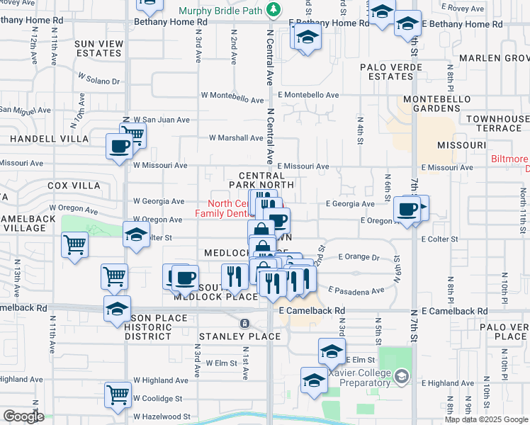 map of restaurants, bars, coffee shops, grocery stores, and more near 5300N North Central Avenue in Phoenix