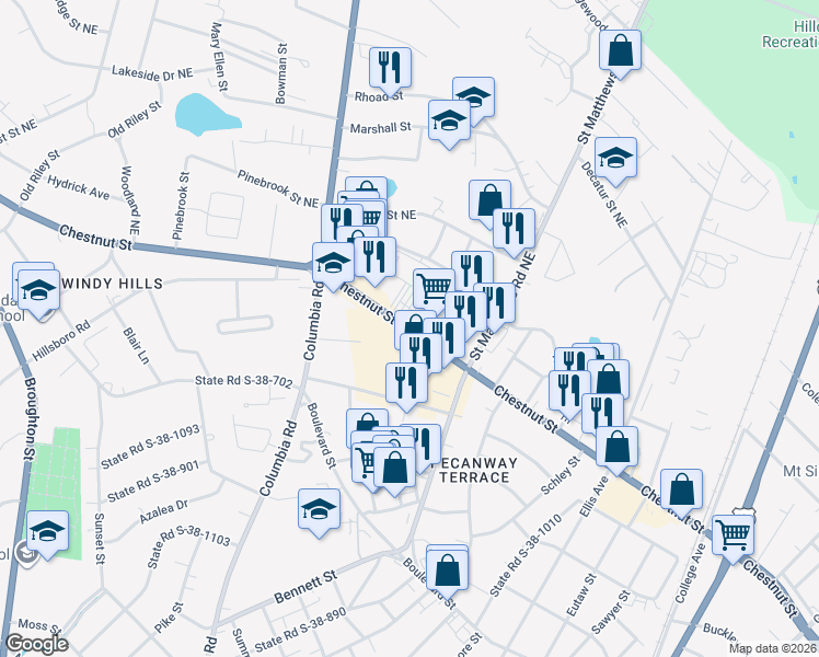 map of restaurants, bars, coffee shops, grocery stores, and more near 1420 Chestnut Street in Orangeburg