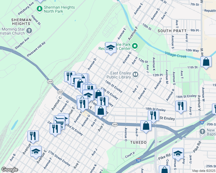 map of restaurants, bars, coffee shops, grocery stores, and more near 1621 Avenue G in Birmingham