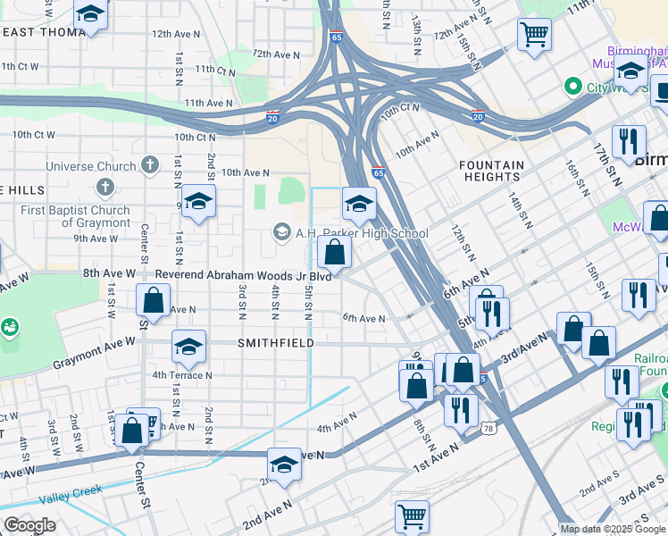 map of restaurants, bars, coffee shops, grocery stores, and more near 528 Reverend Abraham Woods Junior Boulevard in Birmingham