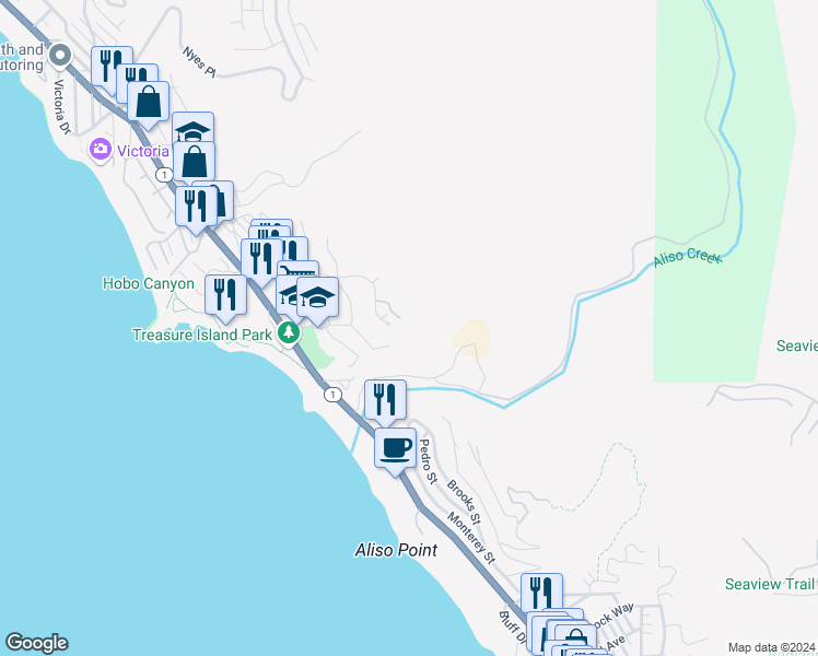 map of restaurants, bars, coffee shops, grocery stores, and more near 21783 Ocean Vista Drive in Laguna Beach