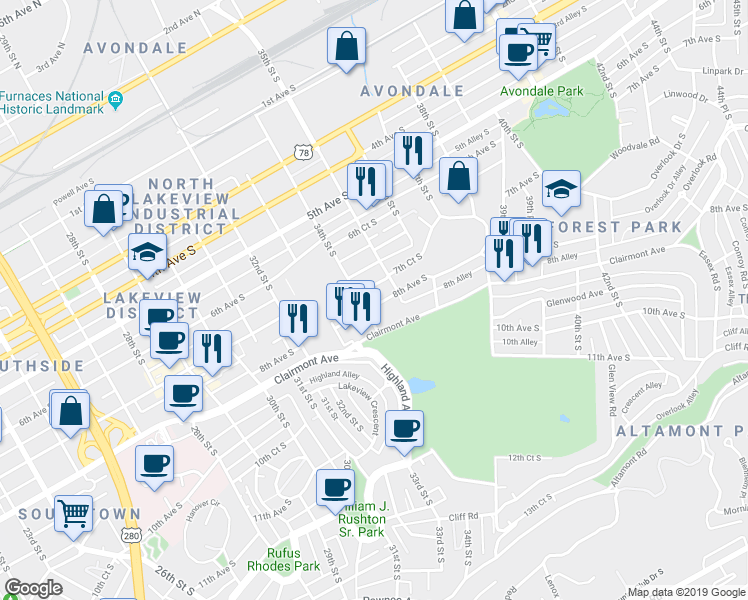 map of restaurants, bars, coffee shops, grocery stores, and more near 3410 8th Avenue South in Birmingham