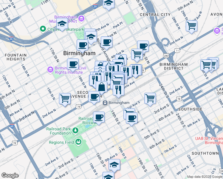 map of restaurants, bars, coffee shops, grocery stores, and more near 1927 1st Avenue North in Birmingham