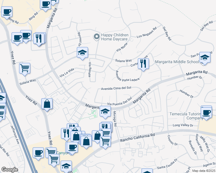 map of restaurants, bars, coffee shops, grocery stores, and more near 29828 Avenida Cima del Sol in Temecula
