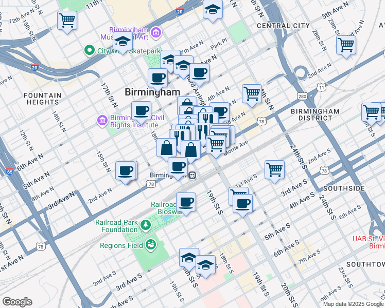 map of restaurants, bars, coffee shops, grocery stores, and more near 111 19th Street North in Birmingham