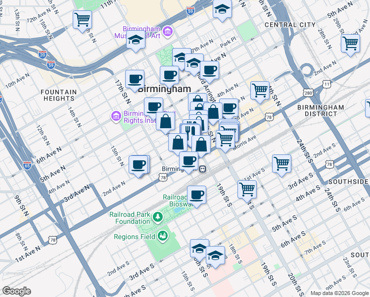 map of restaurants, bars, coffee shops, grocery stores, and more near 156 19th Street North in Birmingham