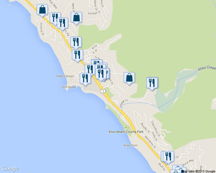 map of restaurants, bars, coffee shops, grocery stores, and more near 21600 Wesley Drive in Laguna Beach