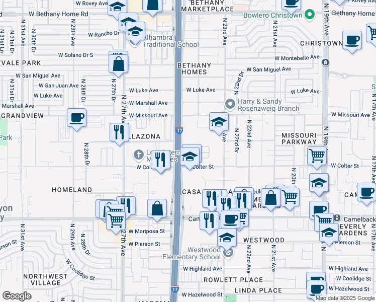 map of restaurants, bars, coffee shops, grocery stores, and more near 31 A Street in Phoenix