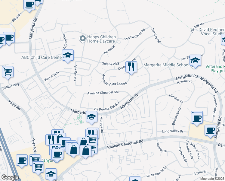 map of restaurants, bars, coffee shops, grocery stores, and more near 29922 Avenida Cima del Sol in Temecula
