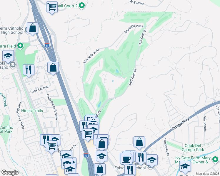map of restaurants, bars, coffee shops, grocery stores, and more near 21 Plaza Caloroso in San Juan Capistrano