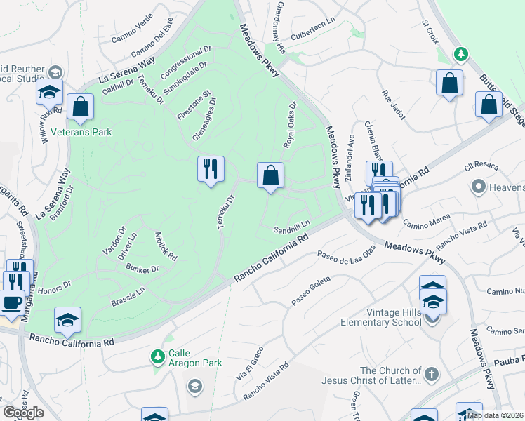 map of restaurants, bars, coffee shops, grocery stores, and more near 42041 Delmonte Street in Temecula
