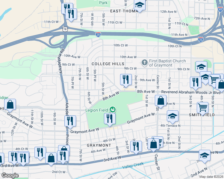 map of restaurants, bars, coffee shops, grocery stores, and more near 816 Jasper Road in Birmingham