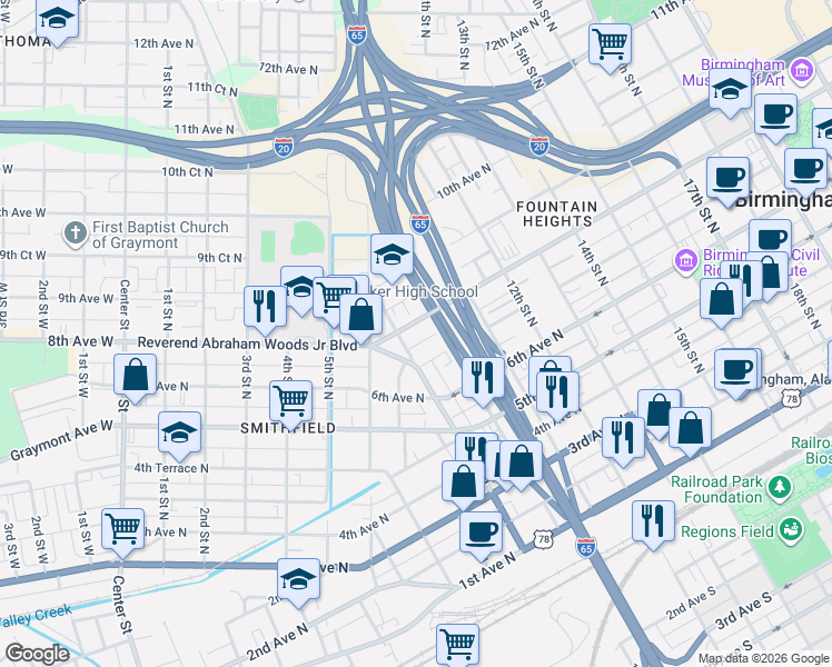 map of restaurants, bars, coffee shops, grocery stores, and more near 917 Reverend Abraham Woods Junior Boulevard in Birmingham