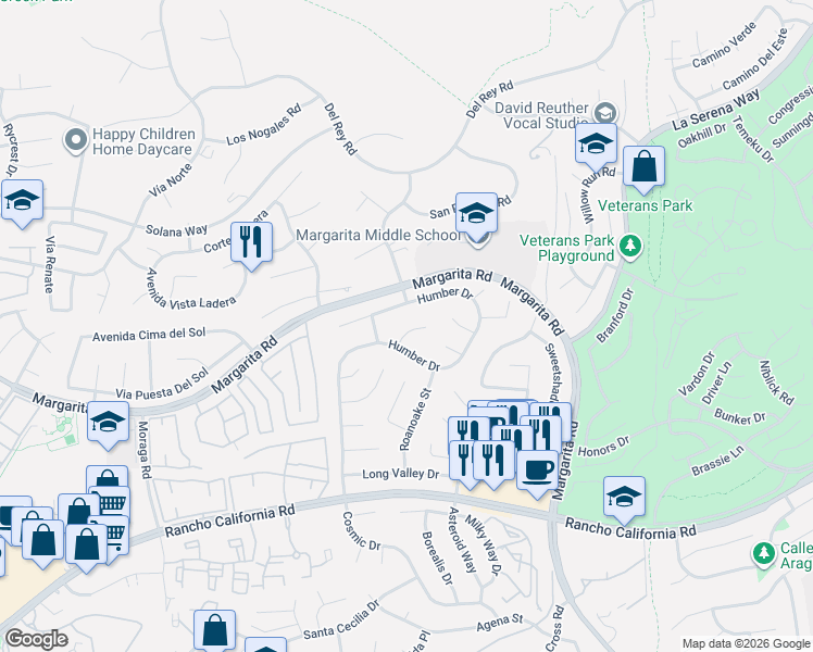 map of restaurants, bars, coffee shops, grocery stores, and more near 30380 Guadalupe Court in Temecula