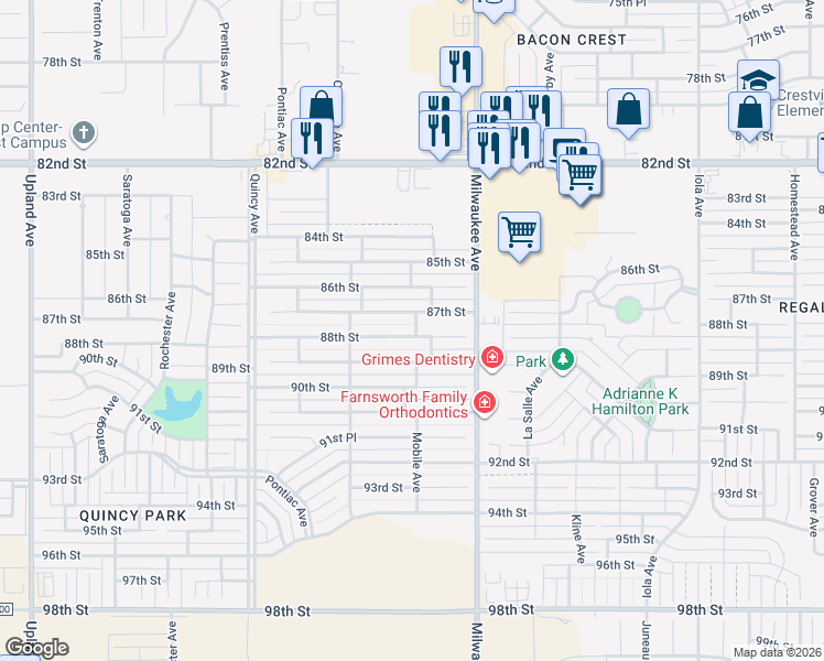 map of restaurants, bars, coffee shops, grocery stores, and more near 6528 88th Street in Lubbock