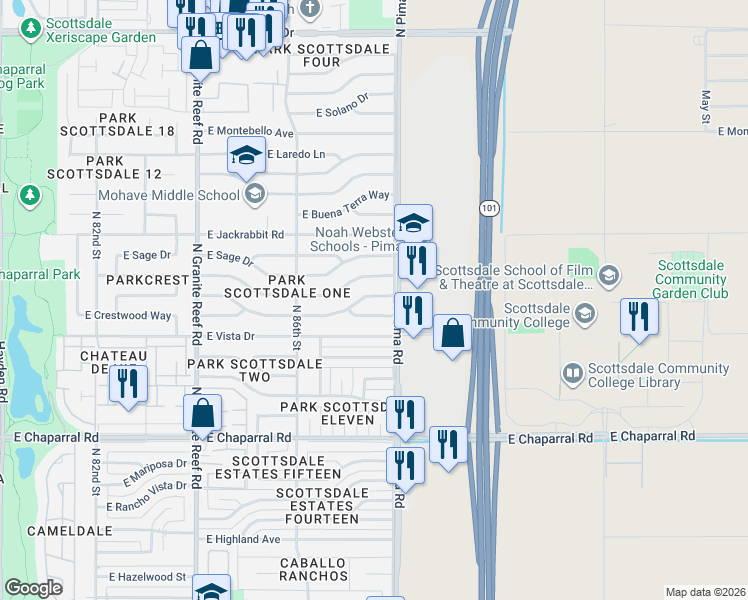 map of restaurants, bars, coffee shops, grocery stores, and more near 8746 East Plaza Avenue in Scottsdale