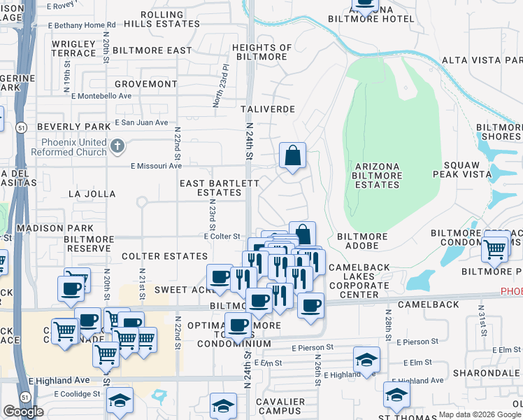 map of restaurants, bars, coffee shops, grocery stores, and more near 5324 North 25th Street in Phoenix
