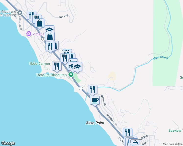 map of restaurants, bars, coffee shops, grocery stores, and more near 21731 Ocean Vista Drive in Laguna Beach