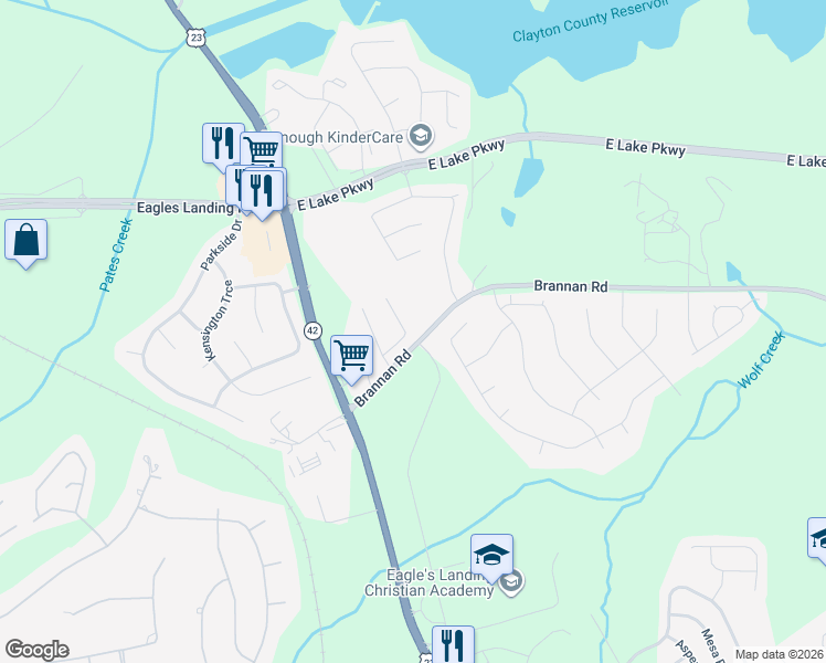 map of restaurants, bars, coffee shops, grocery stores, and more near 328 Brannans Court in McDonough