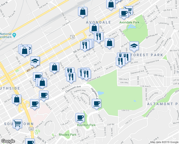 map of restaurants, bars, coffee shops, grocery stores, and more near 3415 7th Court South in Birmingham