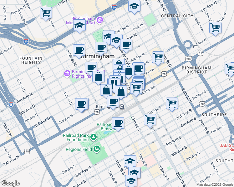 map of restaurants, bars, coffee shops, grocery stores, and more near 156 19th Street North in Birmingham