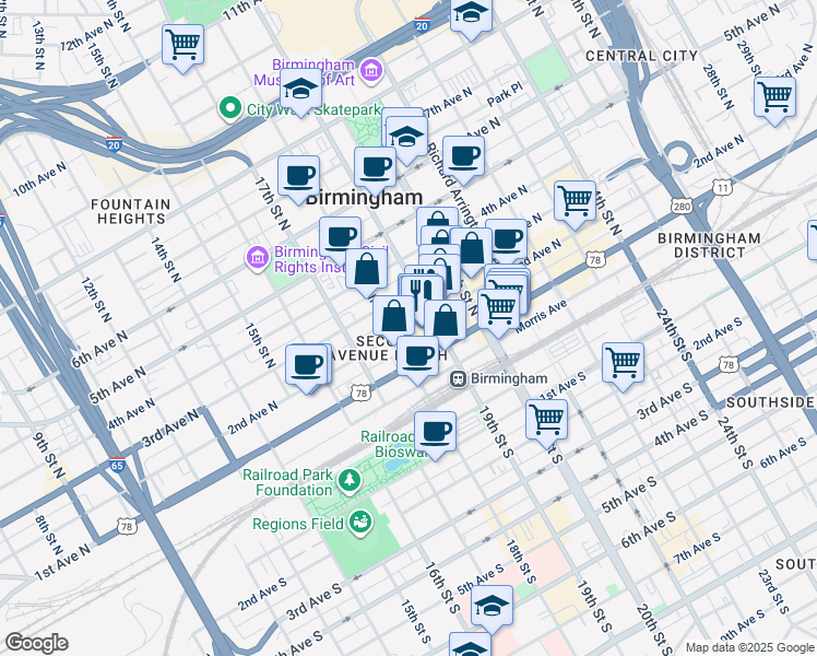 map of restaurants, bars, coffee shops, grocery stores, and more near 156 19th Street North in Birmingham