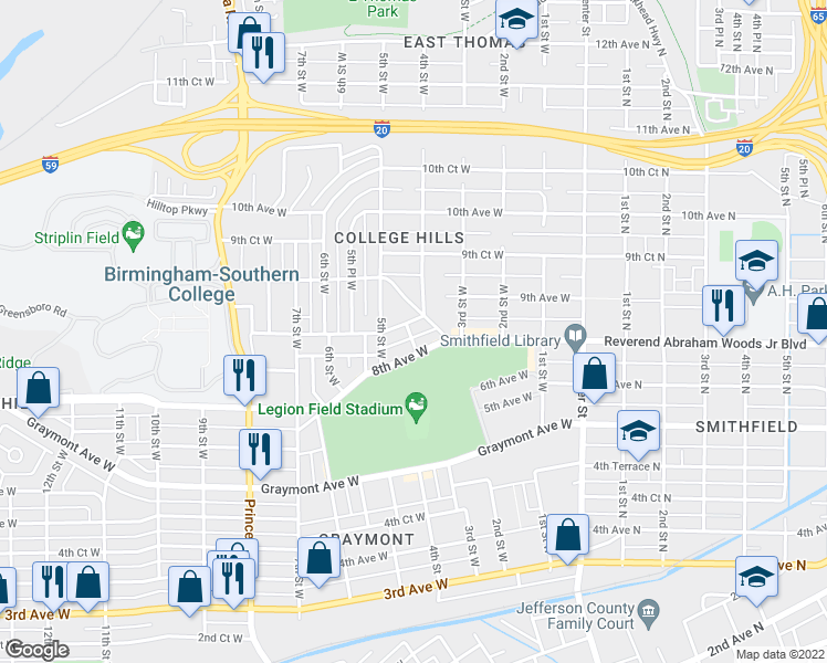 map of restaurants, bars, coffee shops, grocery stores, and more near 816 Jasper Road in Birmingham
