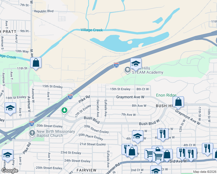 map of restaurants, bars, coffee shops, grocery stores, and more near 3000 15th Street Ensley in Birmingham