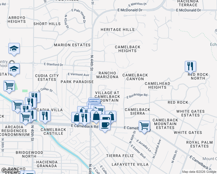 map of restaurants, bars, coffee shops, grocery stores, and more near 4436 East Camelback Road in Phoenix