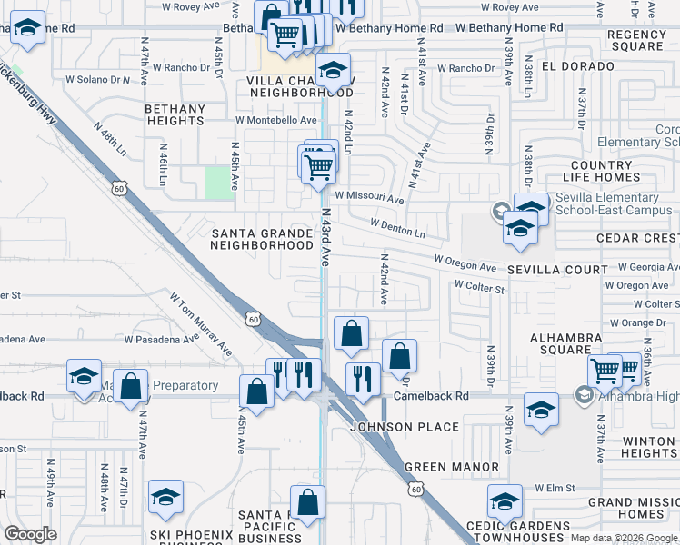 map of restaurants, bars, coffee shops, grocery stores, and more near 4248 West Colter Street in Phoenix