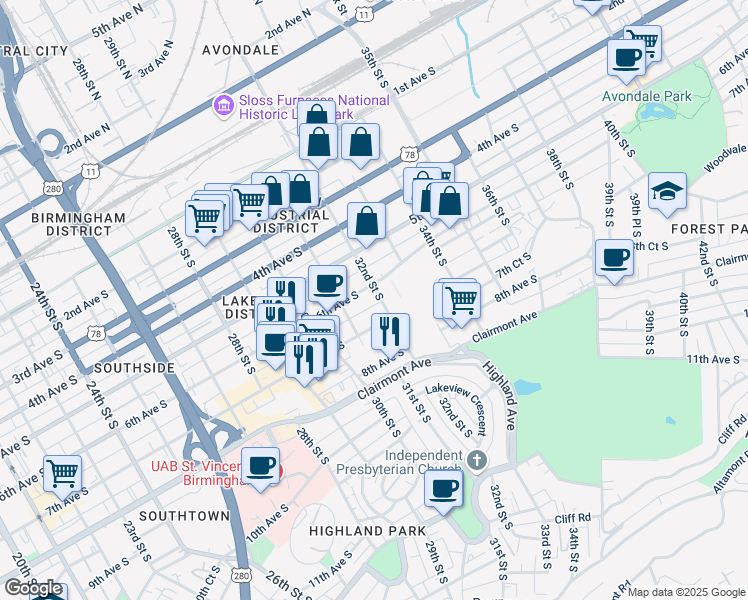 map of restaurants, bars, coffee shops, grocery stores, and more near 606 32nd Street South in Birmingham