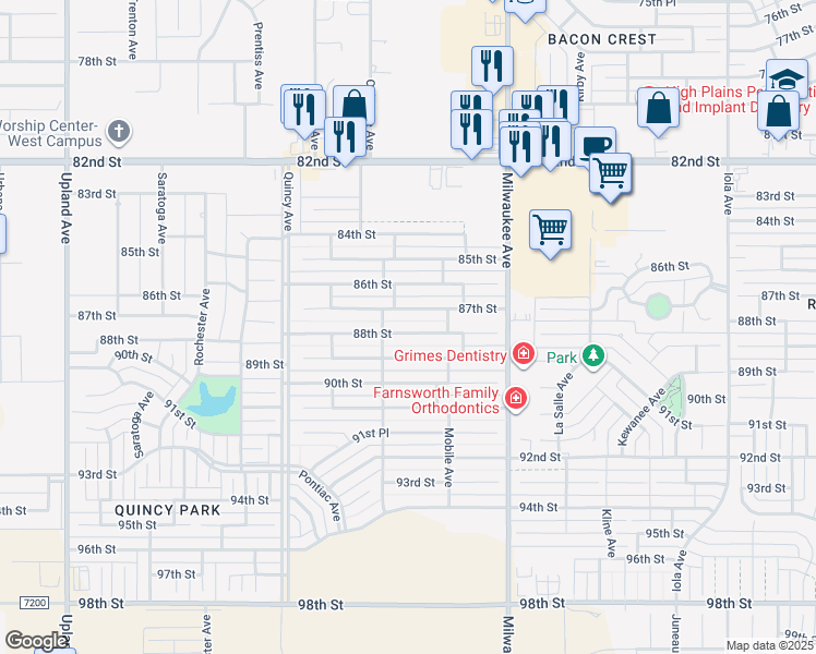 map of restaurants, bars, coffee shops, grocery stores, and more near 6546 88th Street in Lubbock
