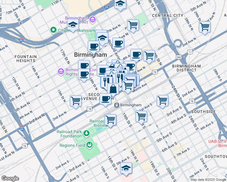 map of restaurants, bars, coffee shops, grocery stores, and more near 111 19th Street North in Birmingham