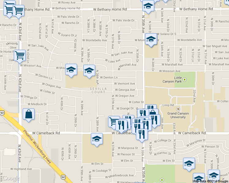 map of restaurants, bars, coffee shops, grocery stores, and more near 3645 West Georgia Avenue in Phoenix